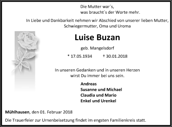 Traueranzeige von Luise Buzan von Waldeckische Landeszeitung