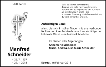 Traueranzeige von Manfred Schneider von Waldeckische Landeszeitung