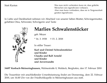 Traueranzeige von Marlies Schwalenstöcker von Waldeckische Landeszeitung