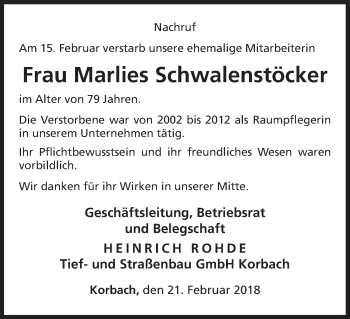 Traueranzeige von Marlies Schwalenstöcker von Waldeckische Landeszeitung