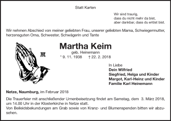 Traueranzeige von Martha Keim von Waldeckische Landeszeitung