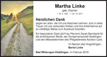 Traueranzeige von Martha Linke von Waldeckische Landeszeitung