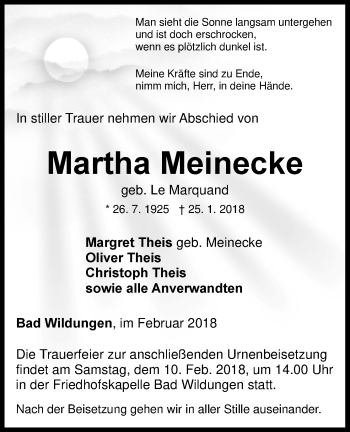 Traueranzeige von Martha Meinecke von Waldeckische Landeszeitung