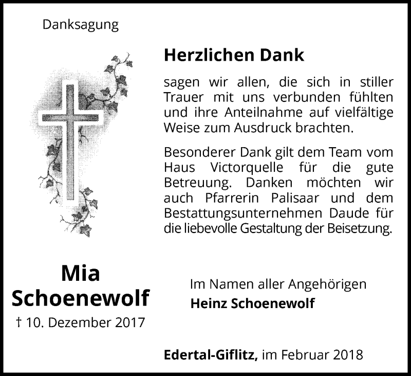  Traueranzeige für Mia Schoenewolf vom 22.02.2018 aus Waldeckische Landeszeitung