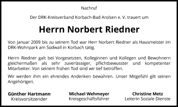 Traueranzeige von Norbert Riedner von Waldeckische Landeszeitung