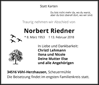 Traueranzeige von Norbert Riedner von Waldeckische Landeszeitung