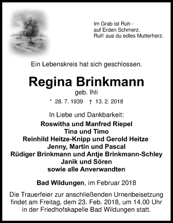 Traueranzeige von Regina Brinkmann von Waldeckische Landeszeitung