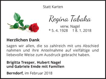 Traueranzeige von Regina Tabaka von Waldeckische Landeszeitung