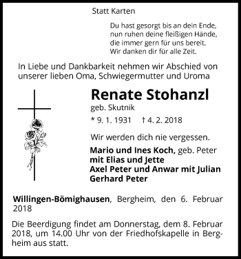Traueranzeige von Renate Stohanzl von Waldeckische Landeszeitung