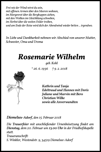 Traueranzeige von Rosemarie Wilhelm von Waldeckische Landeszeitung