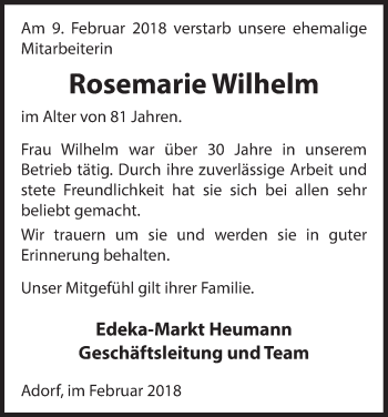 Traueranzeige von Rosemarie Wilhelm von Waldeckische Landeszeitung