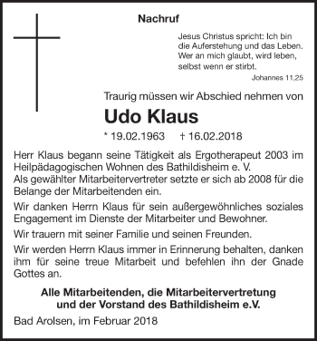 Traueranzeige von Udo Klaus von Waldeckische Landeszeitung