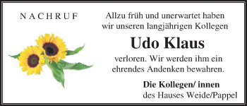 Traueranzeige von Udo Klaus von Waldeckische Landeszeitung