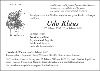 Traueranzeige von Udo Klaus von Waldeckische Landeszeitung