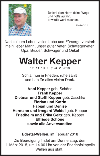 Traueranzeige von Walter Kepper von Waldeckische Landeszeitung