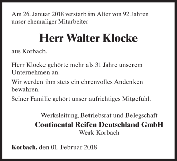 Traueranzeige von Walter Klocke von Waldeckische Landeszeitung