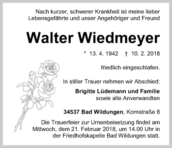 Traueranzeige von Walter Wiedmeyer von Waldeckische Landeszeitung