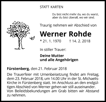 Traueranzeige von Werner Rohde von Waldeckische Landeszeitung