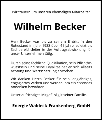 Traueranzeige von Wilhelm Becker von Waldeckische Landeszeitung