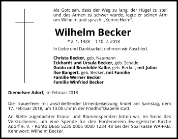 Traueranzeige von Wilhelm Becker von Waldeckische Landeszeitung