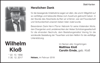 Traueranzeige von Wilhelm Kloß von Waldeckische Landeszeitung