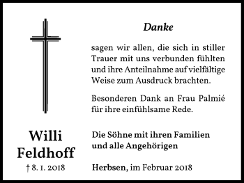 Traueranzeige von Willi Feldhoff von Waldeckische Landeszeitung