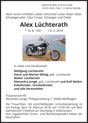 Traueranzeige von Alex Lüchterath von Waldeckische Landeszeitung