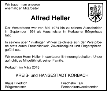 Traueranzeige von Alfred Heller von Waldeckische Landeszeitung