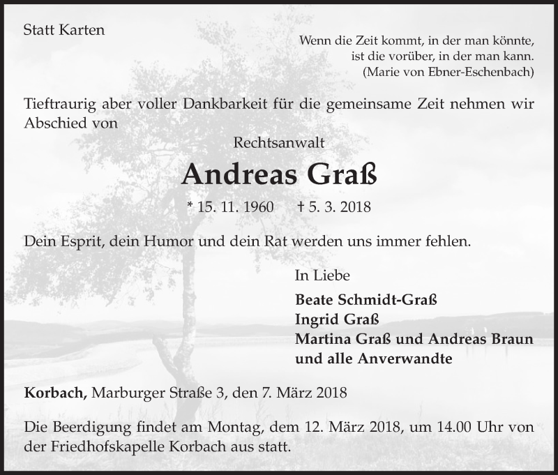  Traueranzeige für Andreas Graß vom 07.03.2018 aus Waldeckische Landeszeitung