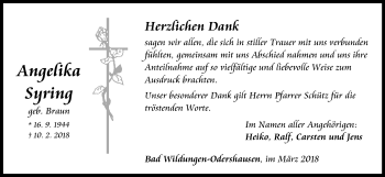Traueranzeige von Angelika Syring von Waldeckische Landeszeitung