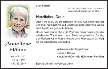 Traueranzeige von Anneliese Höhne von Waldeckische Landeszeitung