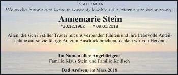 Traueranzeige von Annemarie Stein von Waldeckische Landeszeitung