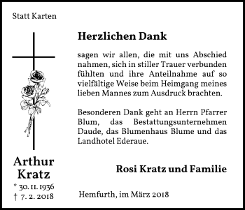 Traueranzeige von Arthur Kratz von Waldeckische Landeszeitung