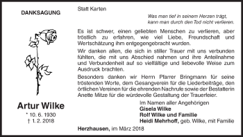 Traueranzeige von Artur Wilke von Waldeckische Landeszeitung