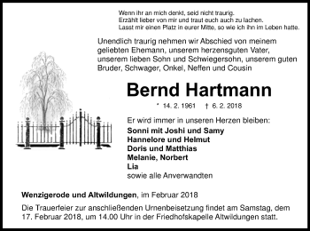 Traueranzeige von Bernd Hartmann von Waldeckische Landeszeitung