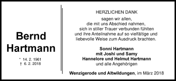 Traueranzeige von Bernd Hartmann von Waldeckische Landeszeitung