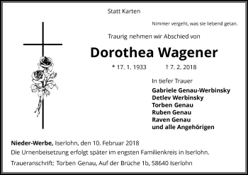 Traueranzeige von Dorothea Wagener von Waldeckische Landeszeitung