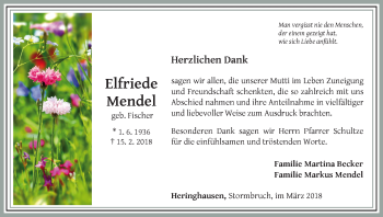 Traueranzeige von Elfriede Mendel von Waldeckische Landeszeitung