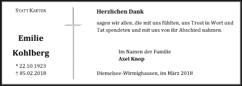 Traueranzeige von Emilie Kohlberg von Waldeckische Landeszeitung