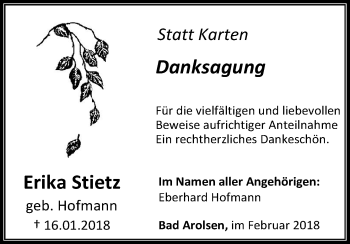 Traueranzeige von Erika Stietz von Waldeckische Landeszeitung