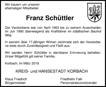 Traueranzeige von Franz Schüttler von Waldeckische Landeszeitung