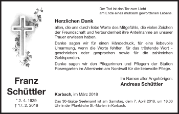 Traueranzeige von Franz Schüttler von Waldeckische Landeszeitung