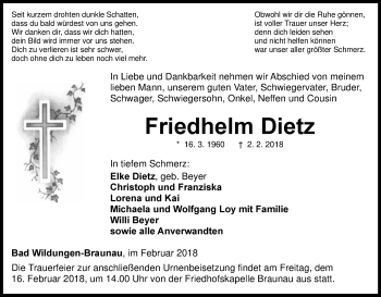Traueranzeige von Friedhelm Dietz von Waldeckische Landeszeitung