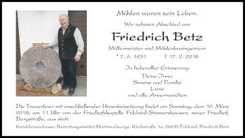 Traueranzeige von Friedrich Betz von Waldeckische Landeszeitung