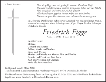 Traueranzeige von Friedrich Figge von Waldeckische Landeszeitung