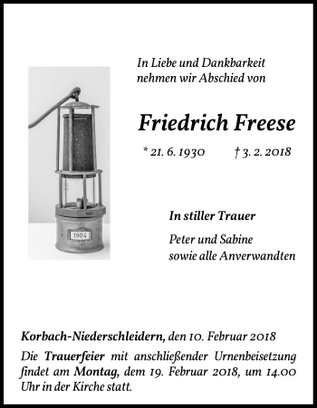 Traueranzeige von Friedrich Freese von Waldeckische Landeszeitung