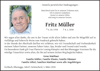 Traueranzeige von Fritz Müller von Waldeckische Landeszeitung