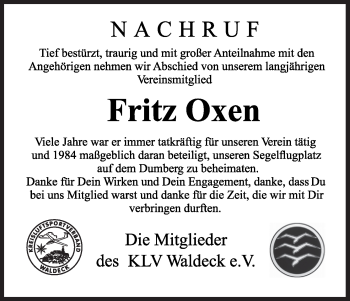 Traueranzeige von Fritz Oxen von Waldeckische Landeszeitung