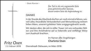 Traueranzeige von Fritz Oxen von Waldeckische Landeszeitung