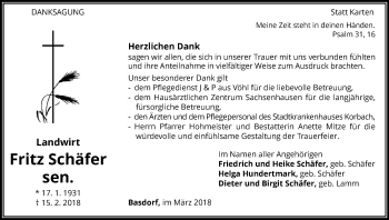 Traueranzeige von Fritz Schäfer von Waldeckische Landeszeitung
